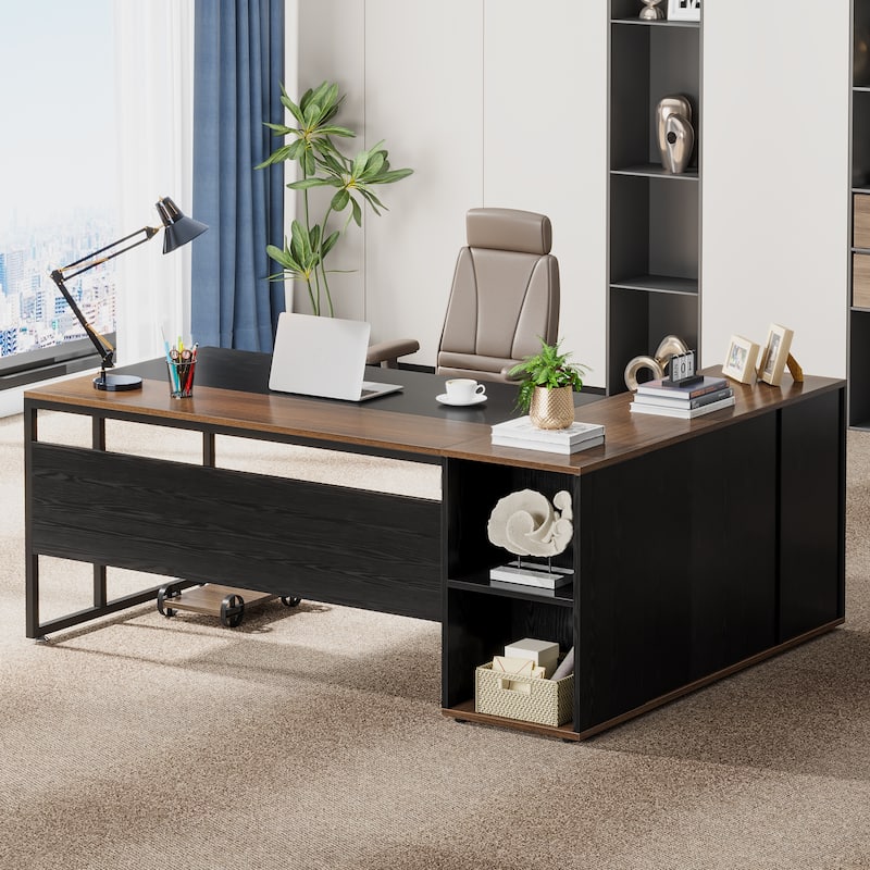 71 inch Executive Desk, L Shaped Desk with Cabinet and Shelves for Home Office - Brown