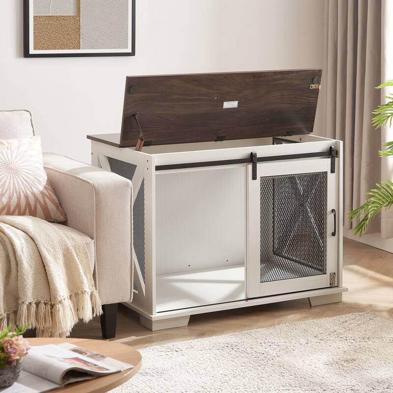 Wooden Dog Crate Furniture, Dog Kennel End Table with Sliding Barn Door, Dog Cage with Flip-top Plate & Detachable Divider