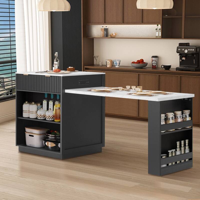 82.6" Fluted Kitchen Island with Extendable Dining Table and Power Outlet for Modern Kitchen Spaces