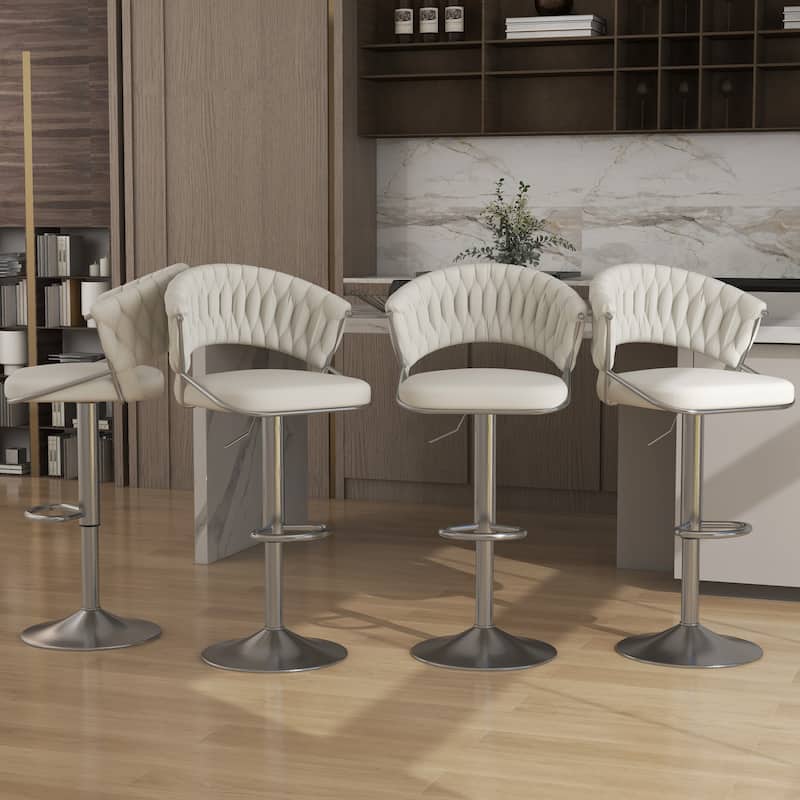 Set of 4 Modern Velvet Adjustable Bar Stools with Backs - Set of 4 - Ivory Silver