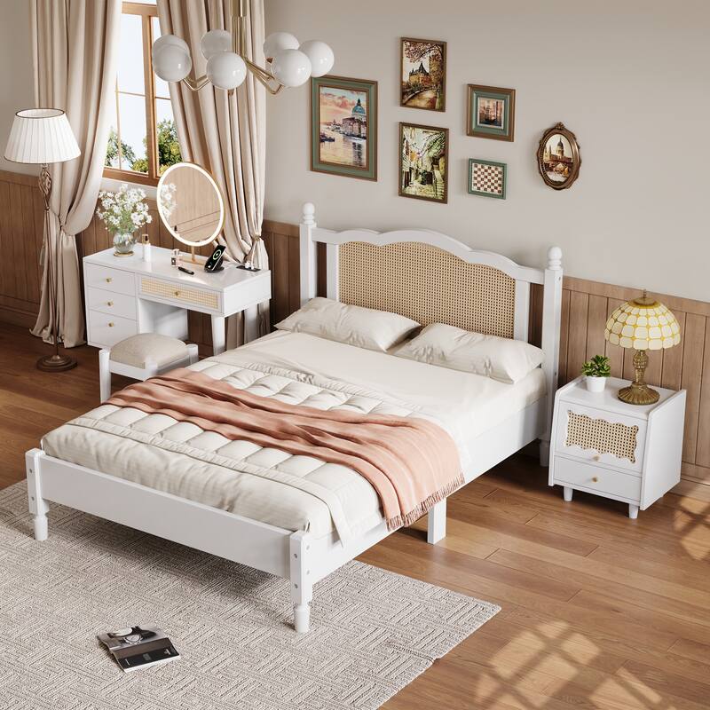 Wooden Platform Bed with Rattan Headboard Curved Wingback Bed Vintage Bed Frame Wood Slat Support Bed with Underbed Storage