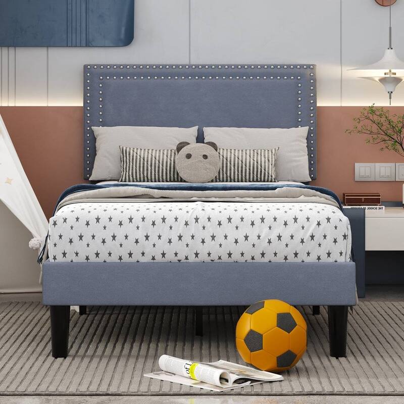 Set of 2 Twin Size Tufted Upholstered Platform Beds Dorm Style Minimalist Metal Frame with Slats No Box Spring Needed