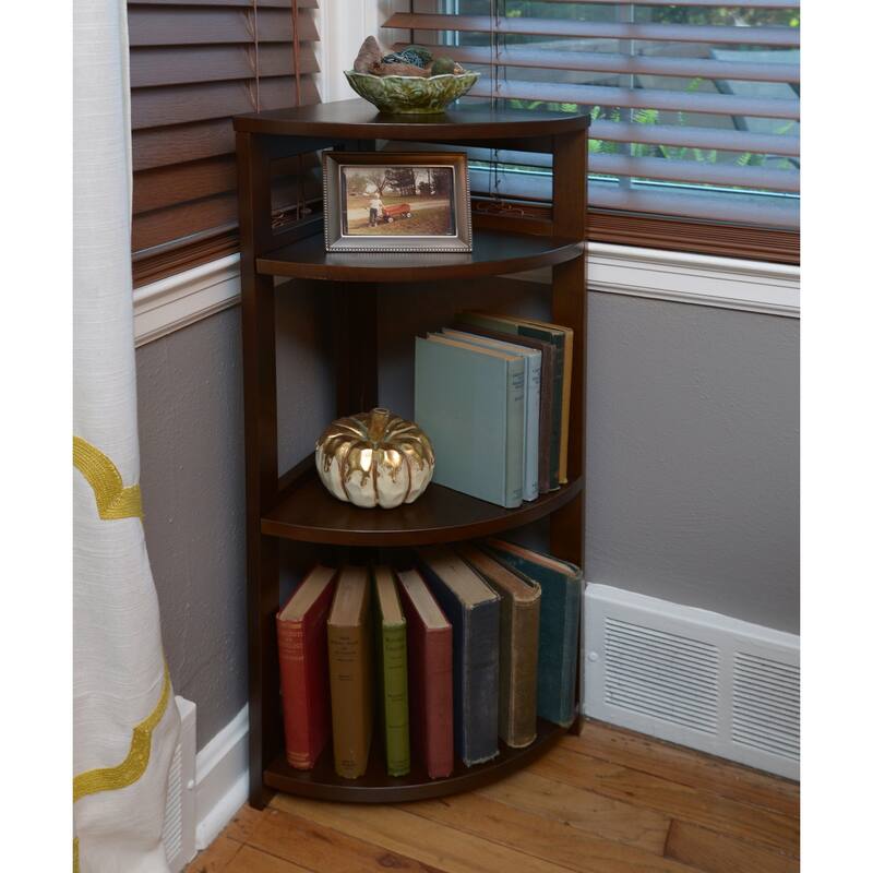 34-Inch High Corner Folding Bookcase with 3 Shelves in Mocha Walnut Finish for Small Space Organization - 63
