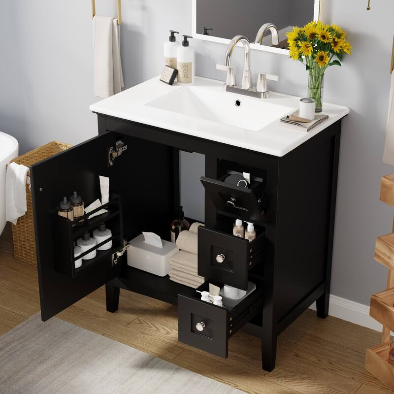 GDFStudio - Rivington Modern Bathroom Vanity with Ceramic Sink and 3 Storage Drawers - 30'W