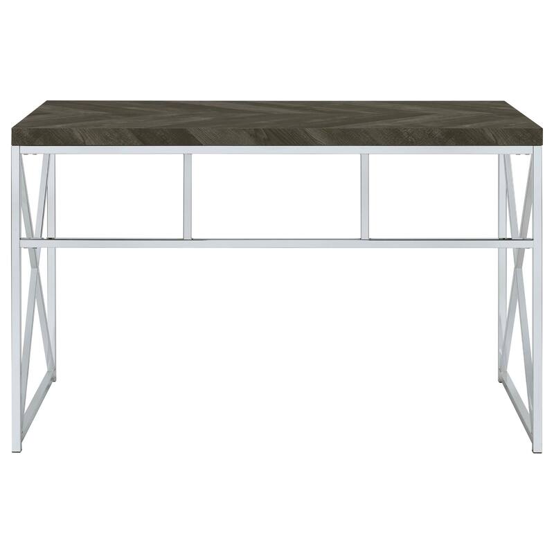 Modern Writing Desk with Chrome X-Shaped Metal Base and Rustic Grey Herringbone Finish for Office or Living Room