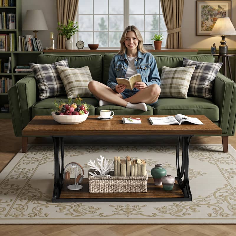 41.7-inch 2-Tier Rectangle Wood Coffee Table for Living Room - 41.7"L x 21.7"W x 17.7"H