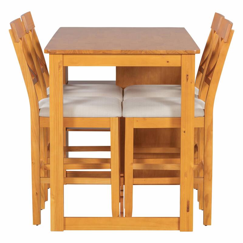60"L x 30"W Solid Wood Farmhouse Counter Height Dining Table Set with 3-Tier Storage Shelves