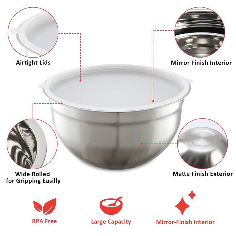 23pcs Stainless Steel Mixing Bowl Set with Airtight Lids 1.5QT 3QT 5QT