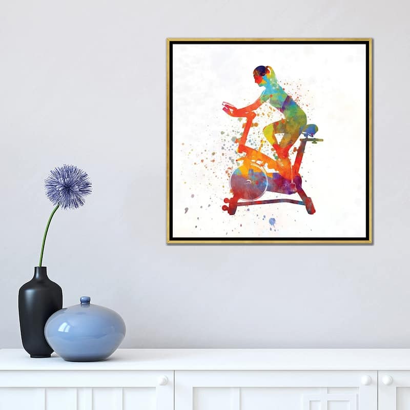 iCanvas "Woman Riding An Exercise Spin Bike In The Gym" by Paul Rommer Framed Canvas Print