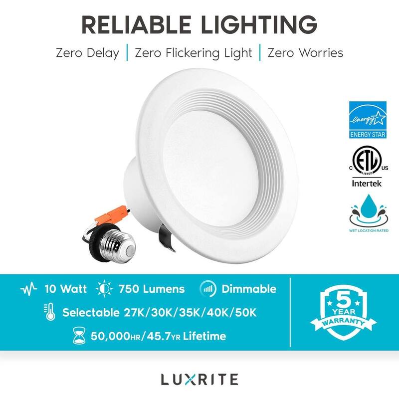 Luxrite 4" LED Recessed Can Lights, Color Selectable 2700K | 3000K | 3500K | 4000K | 5000K, Dimmable, 750 Lumens, 6-Pack