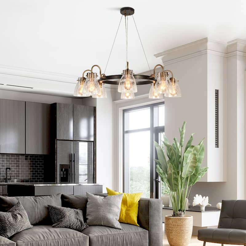 Modern 8-Light Wheel Chandelier Gold Art Glass Lights for Dining Living Room - D34.5" x H8.5"