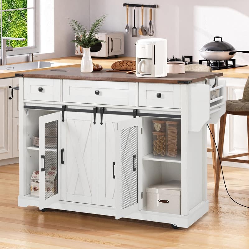 Farmhouse 58" Kitchen Island with Drop Leaf, Rolling Kitchen Island on 5 Wheels with Sliding Barn Door and Adjustable Shelves