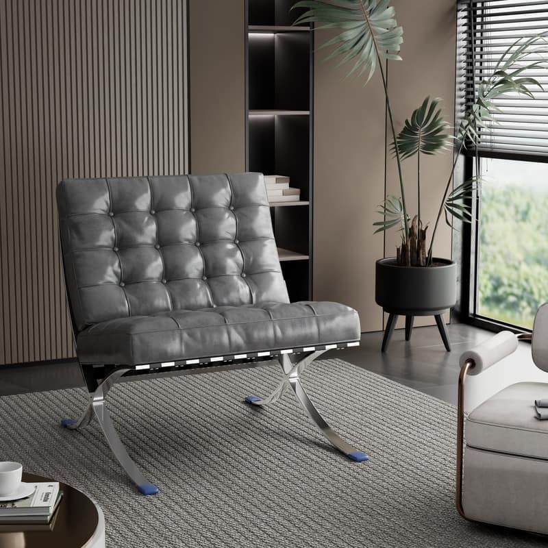 Mid Century Tufted Top Grain/ Faux Leather Upholstered Lounge Chair - Dark Grey Eco-Leather Checkered