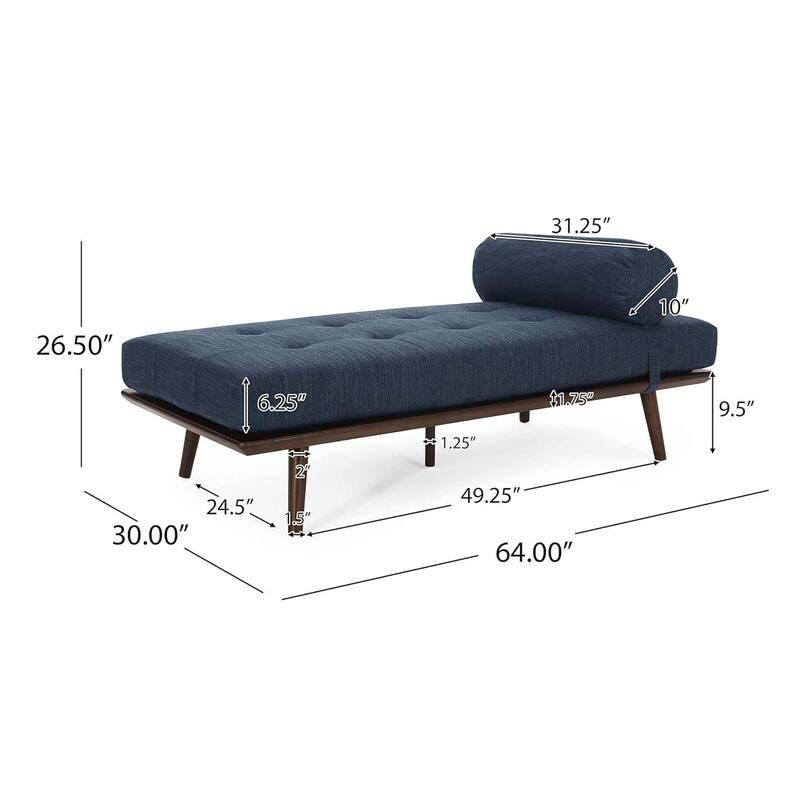Navy Blue Modern 64" Upholstered Button Tufted Chaise Lounges Chair with Rubber Wood Frame and Bolster Pillow