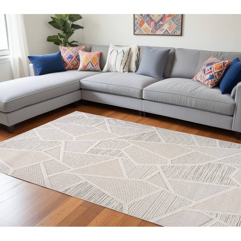 Biqi Distressed Geometric Modern Stain Resistant Durable Area Rug By HomeRoots - 7' X 10' - Cream and Beige - Rectangle