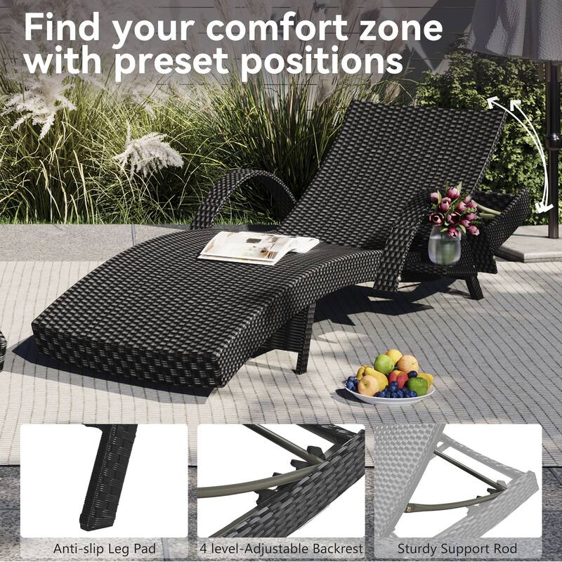 2 Pieces Outdoor Patio Rattan Chaise Lounge Chairs Set, Ergonomic Wave Design Pool Sunbathing Recliners, Black