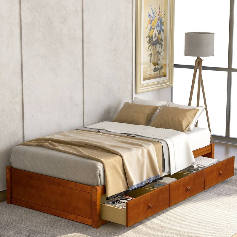 Brown Twin Size Pine Platform Storage Bed with Drawers - Space-Saving Design