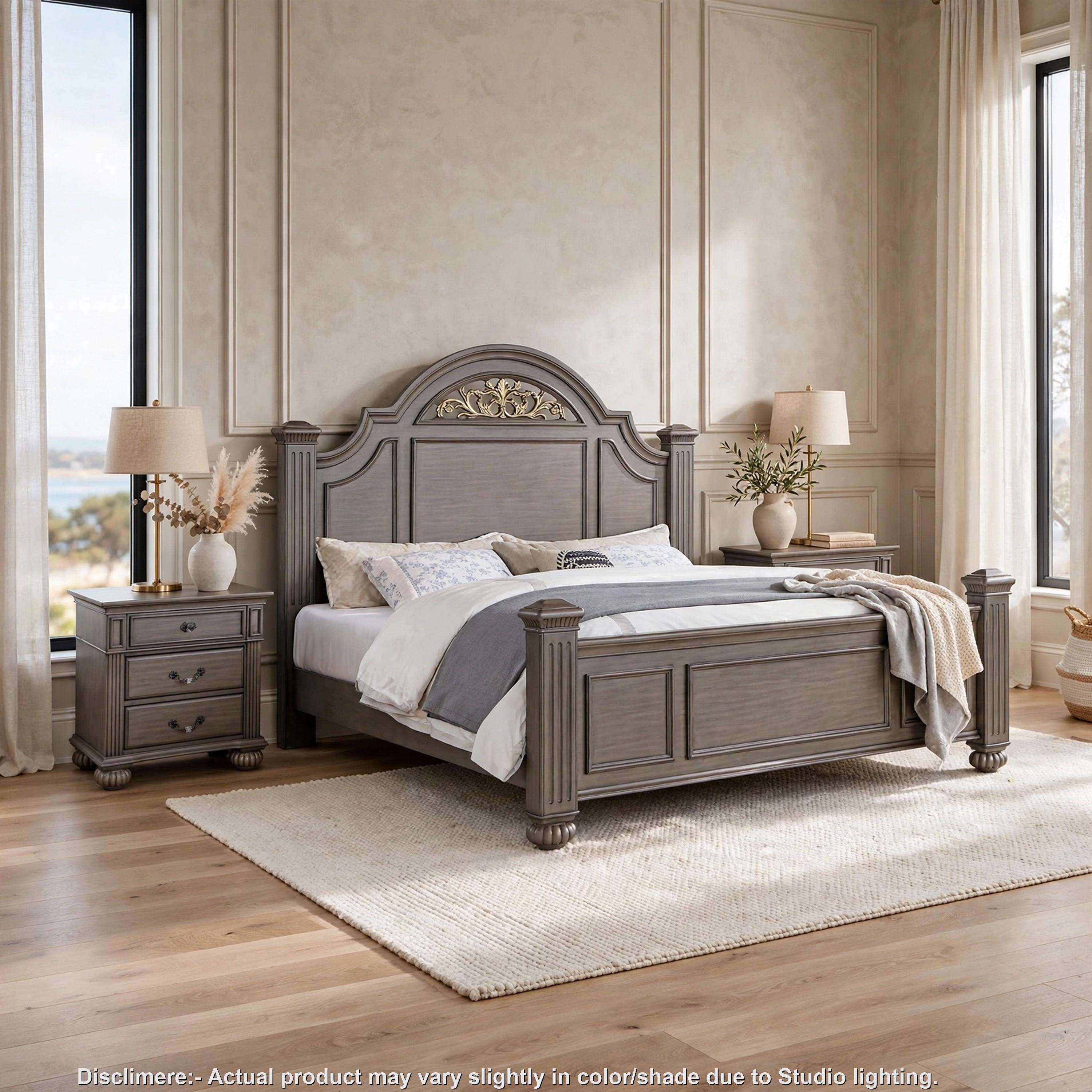 3pc King Bedroom Set, Gray, Brass, Clear Wood, 2 Nightstands - On