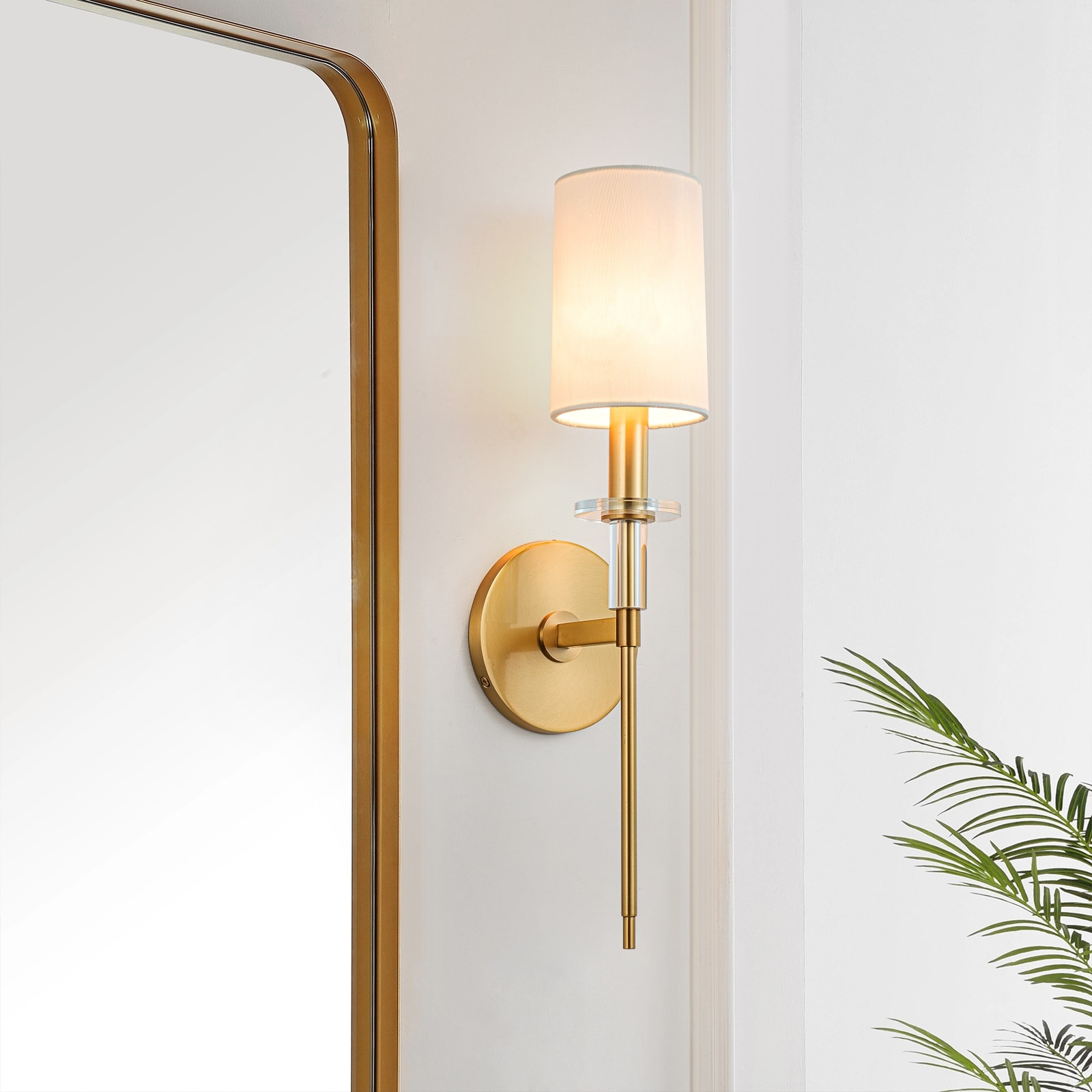 1 2 Light Gold Wall Sconce with White Fabric Shade and Crystal 2 Light 11.4 in.W