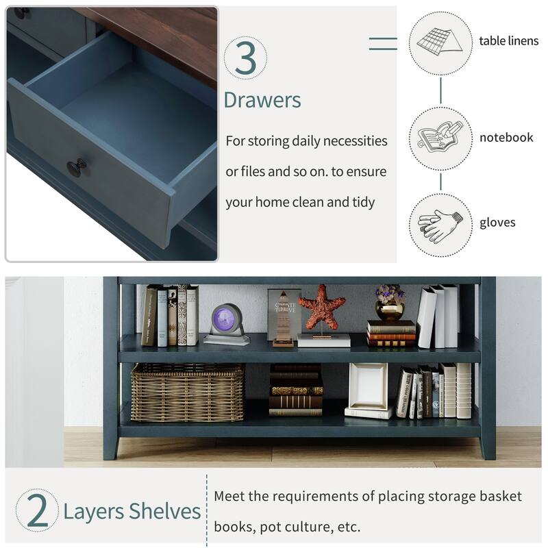 50" Solid Wood Console Table with 3 Drawers & 2 Open Shelves, Mid-Century Side Table Entryway Table for Living Room Entryway