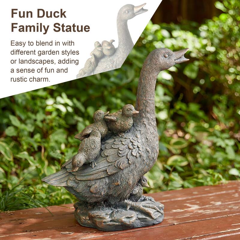 Glitzhome 15"H Resin Faux Bronze Duck Garden Statue Outdoor Decor