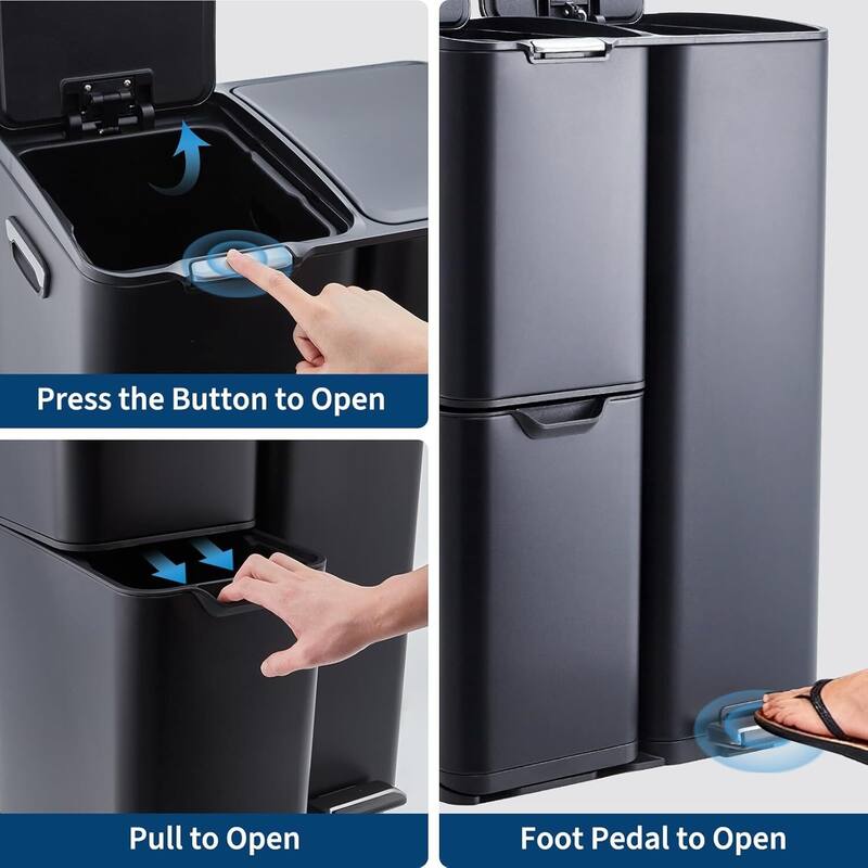 16 Gal Triple Compartment Kitchen Trash Can, Garbage Can with Lid for Bathroom Home Office