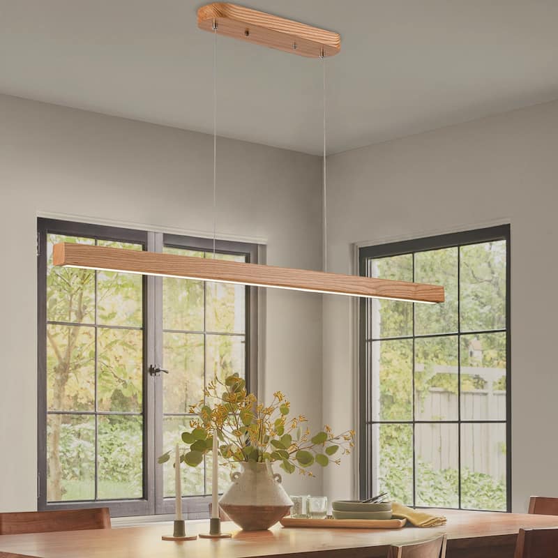 Starsky 1-Light Farmhouse Rustic Wooden Integrated LED Linear Kitchen Island Light 3000K Warm Light Chandelier - 47'' - Wood