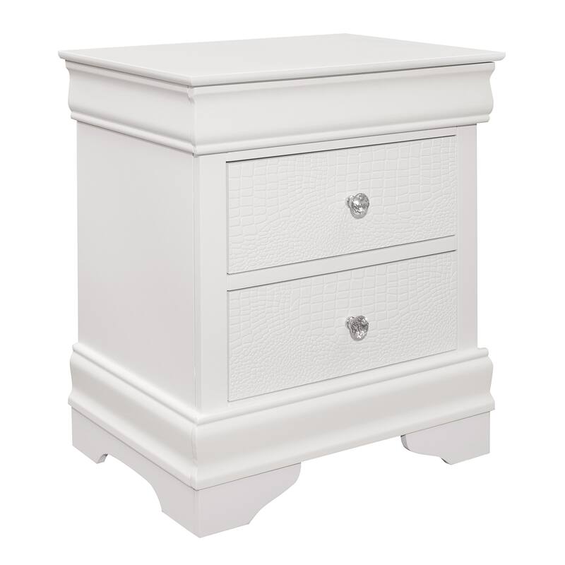 Traditional White Nightstand, 3 Drawers, Faux Alligator Embossed, Wooden