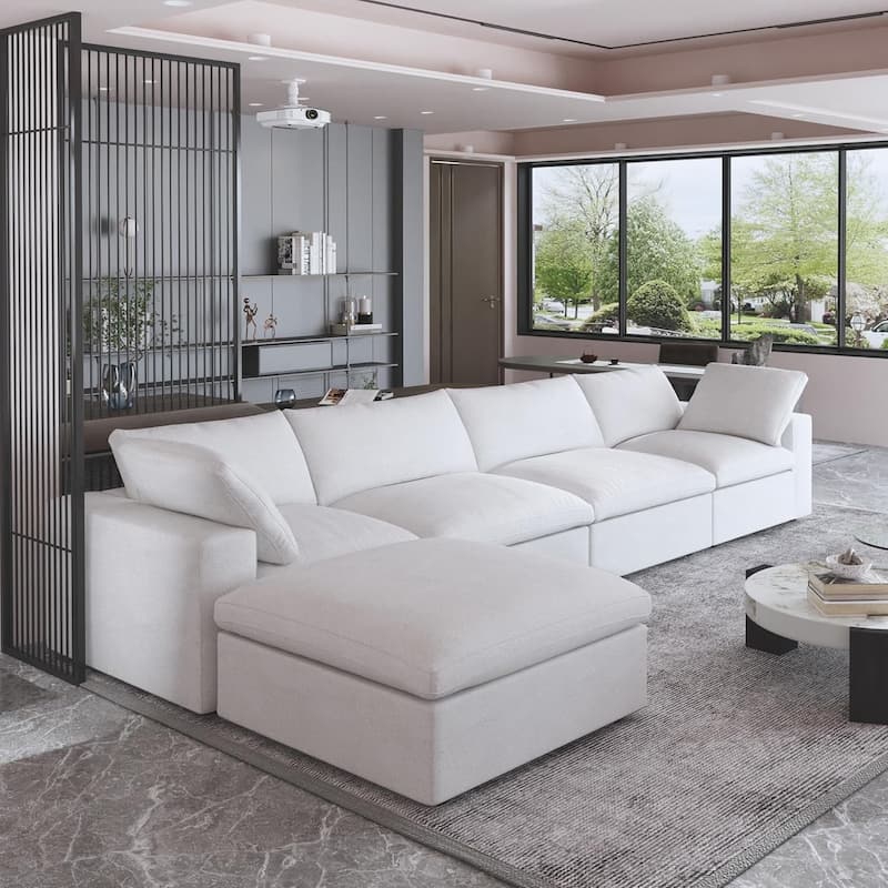 160.6" Modern Linen Sectional Sofa，4-seater Modular Couch with Storage Ottoman for Living Room.