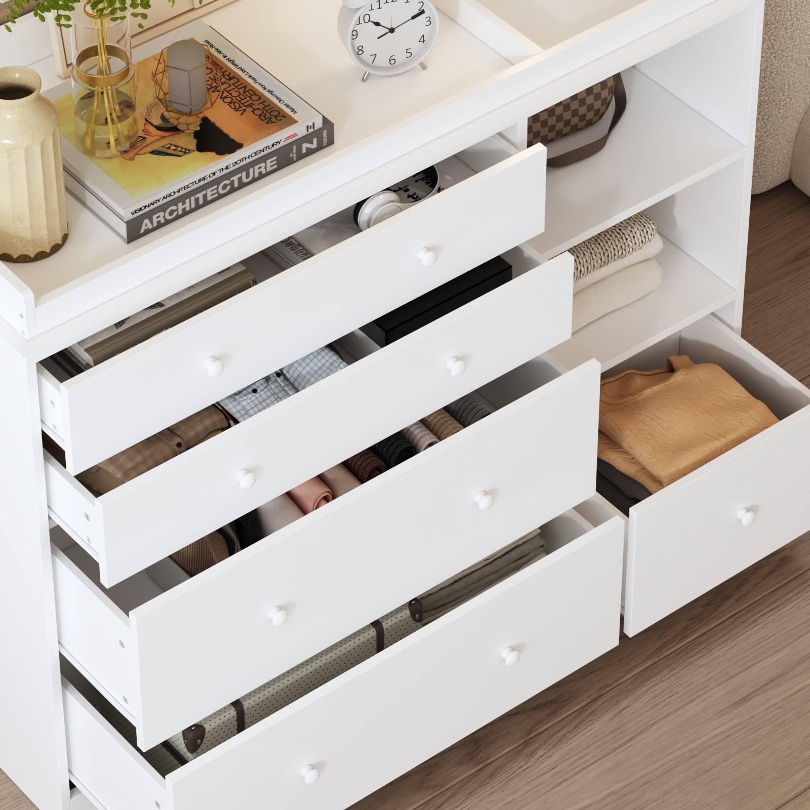 white cute dresser 47” White Dresser Bedroom Storage Cabinet for Clothes, Toys & Accessories,  Modern Chest of Drawers for Nursery or Closet