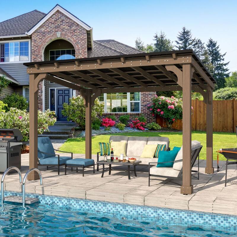 VEIKOUS Wood BBQ Grill Gazebo with Steel Roof for Patio Garden Backyard and Lawn