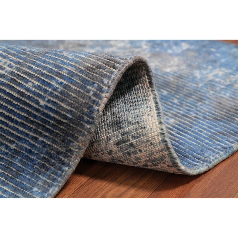 Hand Knotted Oriental Viscose Silk Carpet Modern Abstract Navy Blue & Blues Abstract Area Rug - 7' 10'' X 5' 5''