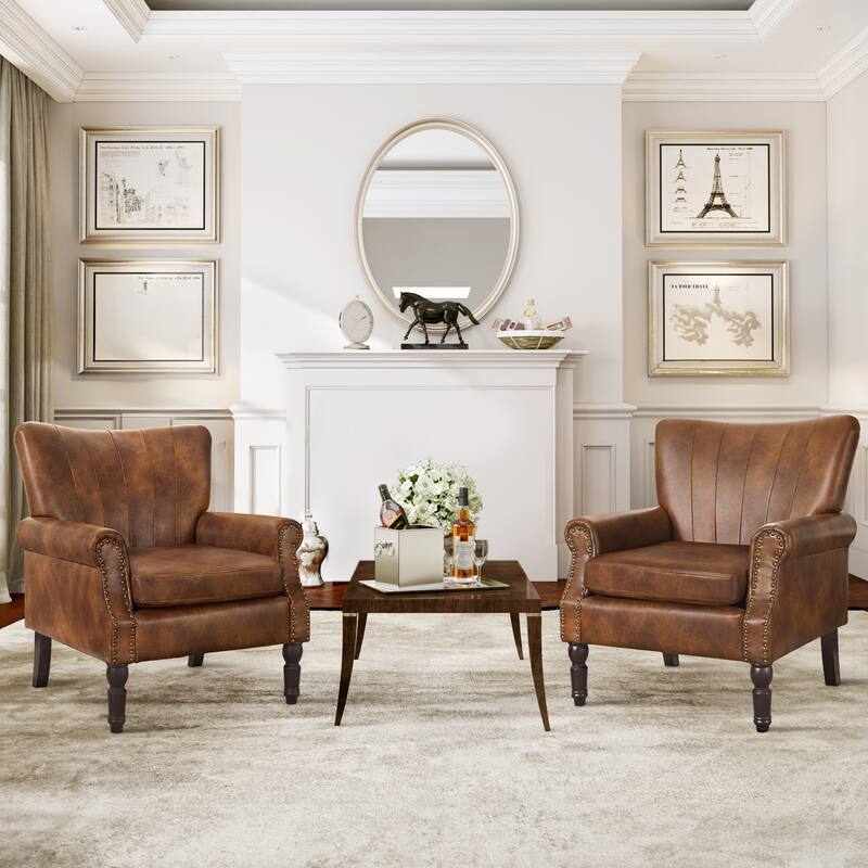 COZYMAN Modern Armchair Solid Wood Upholstered Fabric/Faux Leather Set of 2 Accent Chairs for Living Room - Brown/Faux Leather