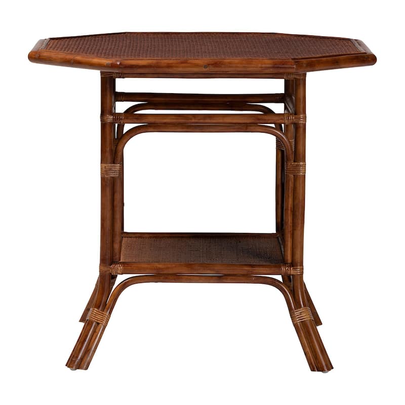 Jayanti Marbled Tortoise Natural Rattan Dining Table - Handwoven Wicker Bistro Table with Open Shelf - Marbled Tortoise Brown