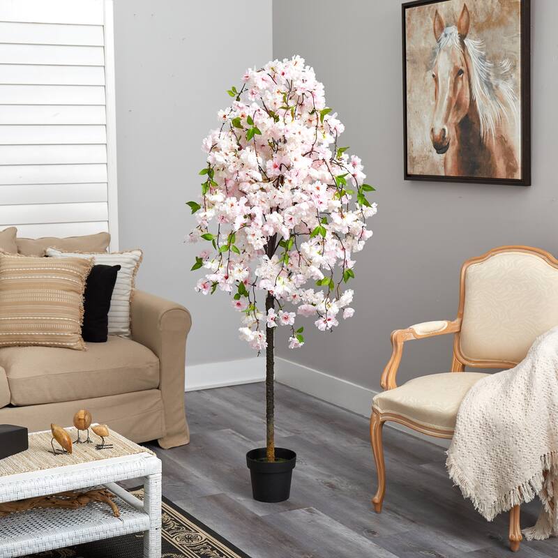 Artificial Cherry Blossom Tree 5ft - Indoor Decor, Pink & White Flowers, Compact Space Tree, Home Accent - Green - 51-60 Inches