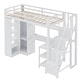 preview thumbnail 12 of 11, Twin Size Metal Loft Bed Frame with L-Shaped Desk, USB Ports, Storage Shelf, Wardrobe and Stepped Stairs for Bedroom