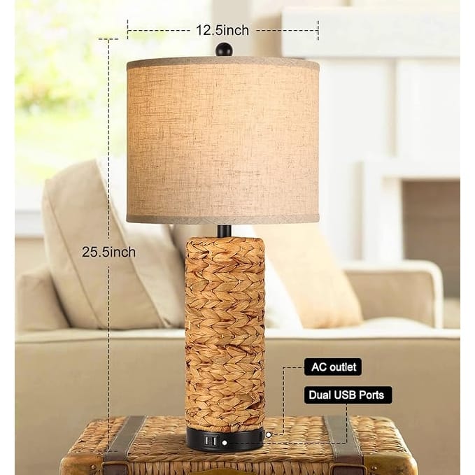 Anmytek Seagrass Table Lamps Set of 2 with USB Charging Ports and Outlet Coastal Farmhouse Style