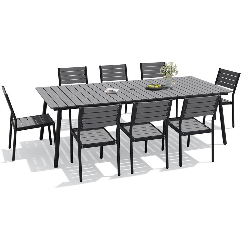 9-Piece Outdoor Patio Dining Set Wood-Like Table Top Alumium Umbrella Hole Table with Stackable Armless Dining Chairs