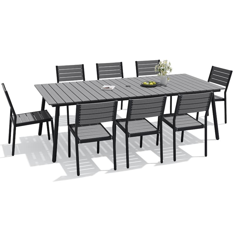 9-piece Outdoor Patio Aluminum Rectangle Dining Set with Chairs Umbrella Hole - Grey