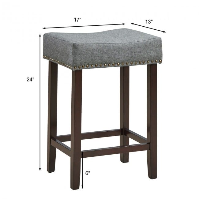 2 pcs Nailhead Saddle Bar Stools with Fabric Seat & Wood Legs-Gray - 17.5" x 13.5" x 24" (L x W x H)