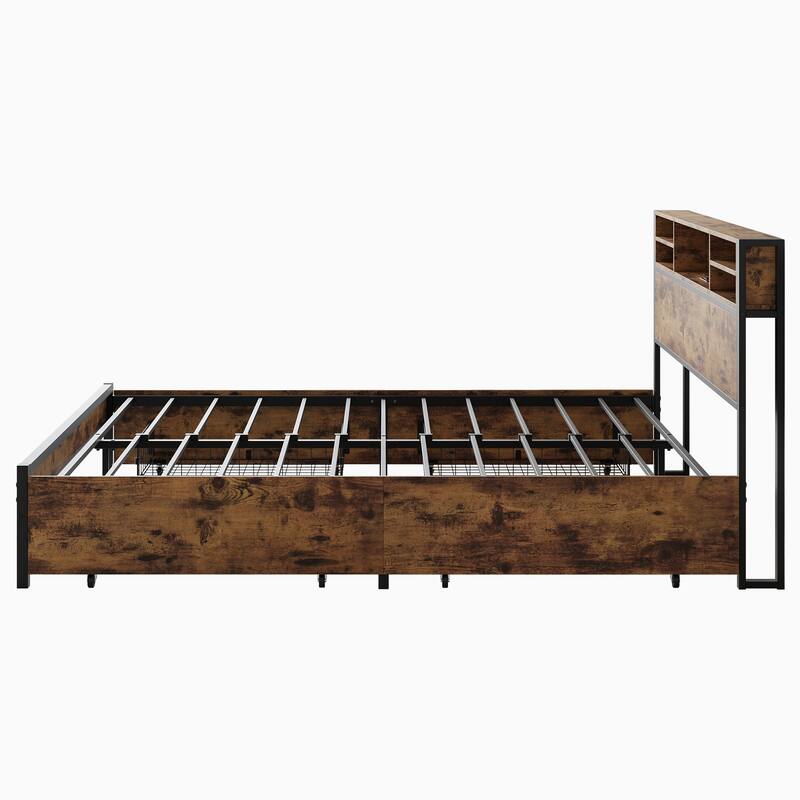 Modern Queen Size Bed with Storage Headboard and Four Drawers