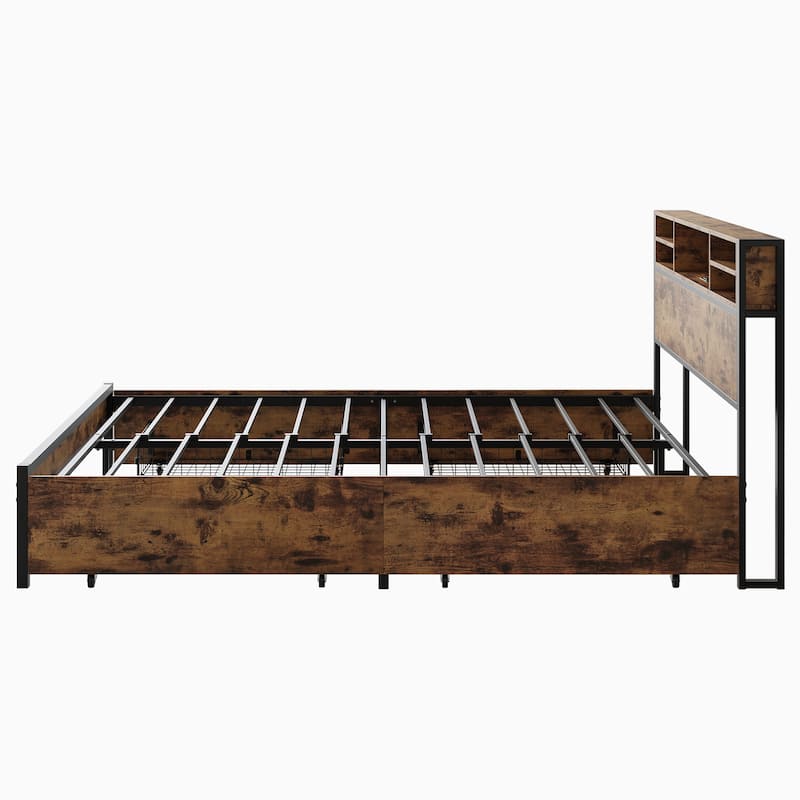 Queen Size Metal Platform Bed with Storage Drawers, Wooden Headboard, and Charging Station, Easy Assembly, Brown