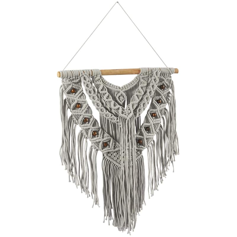 Cotton Fabric Macrame Handmade Intricately Weaved Wall Decor with Beaded Fringe Tassels - Gray - Roche River Decor