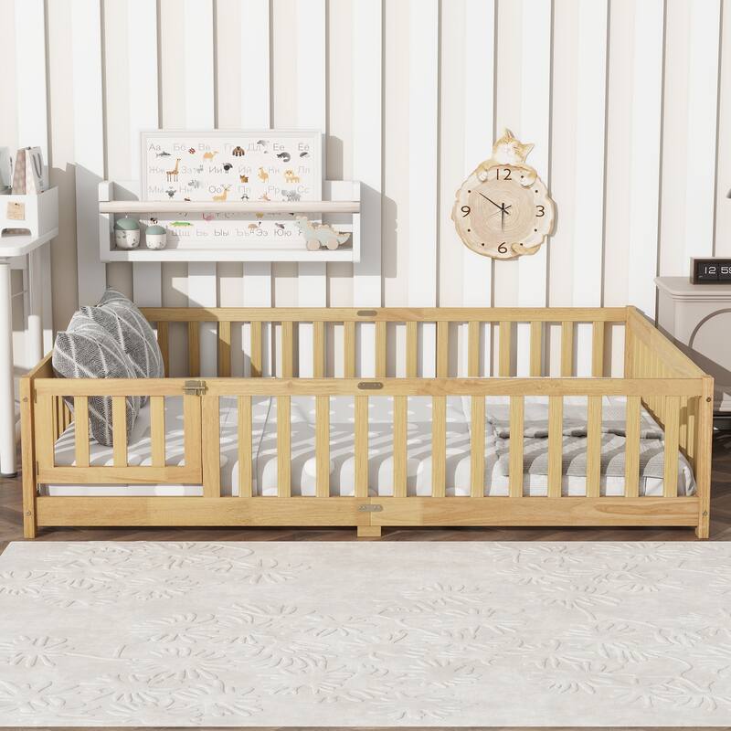 Full Size Floor Bed with Fence and Door, Rubber Wood Floor Bed with Safety Guardrails