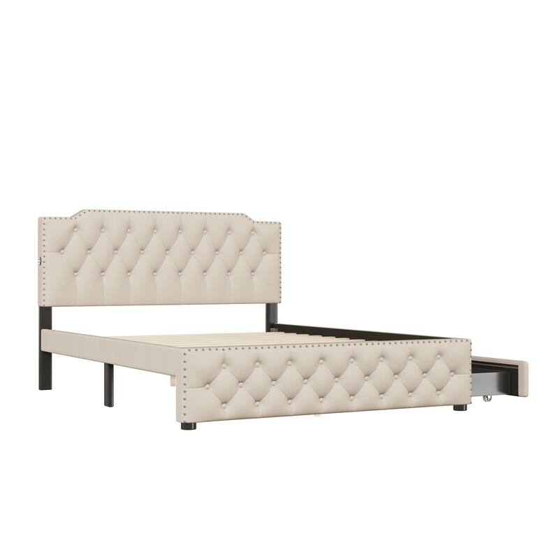 Linen Upholstered Platform Bed Button-Tufted Headboard Wood Panel Bed Frame with 2 Drawers or Trundle Bed, USB on Both Sides