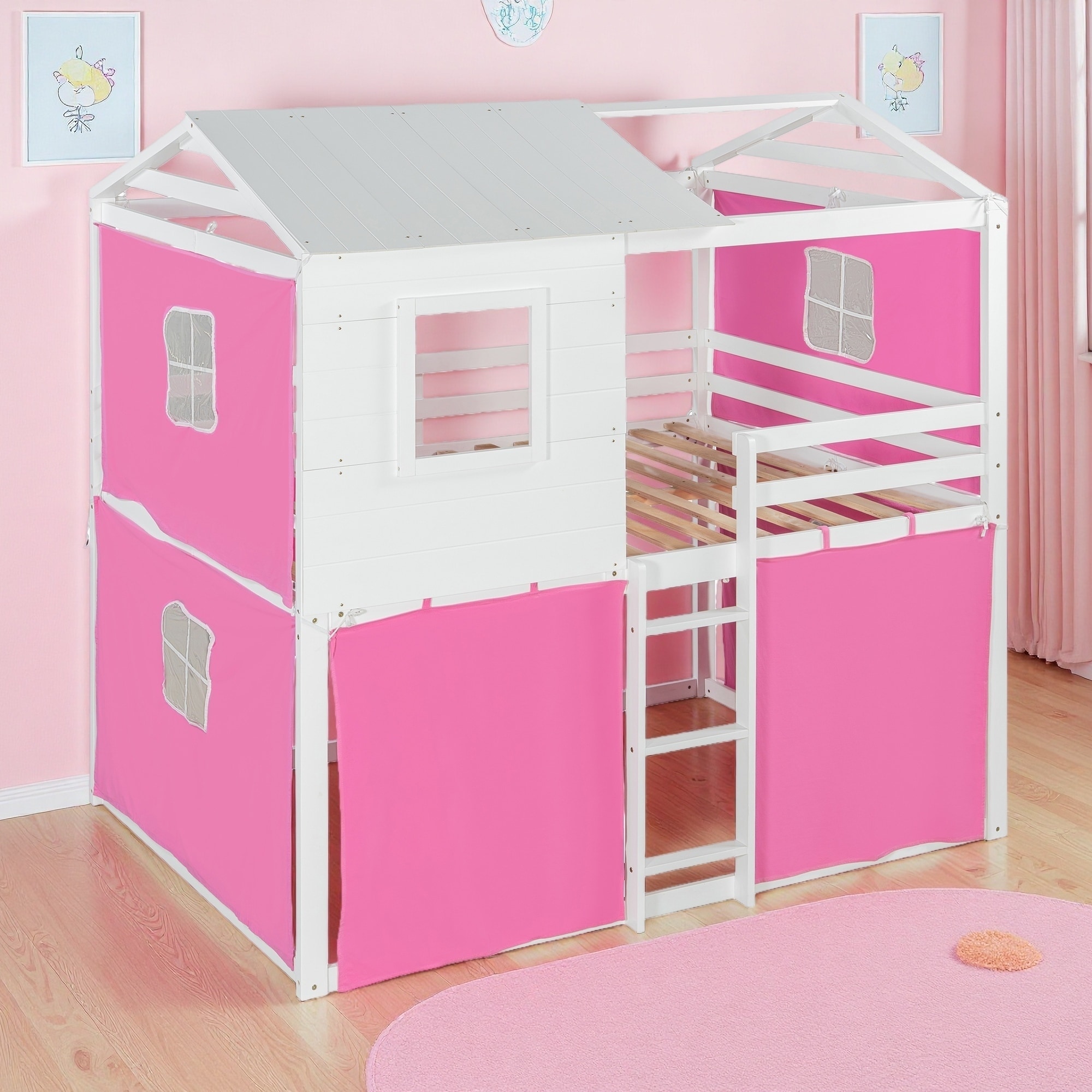 Full Size Wood House Bunk Bed with Tent