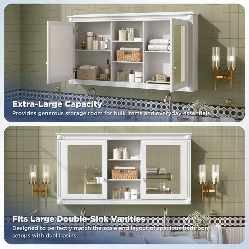 55 inch Wall-Mount 2-in-1 Mirror Cabinet with Adjustable Shelves, Soft-Closing Hinges, High-Definition Mirrors