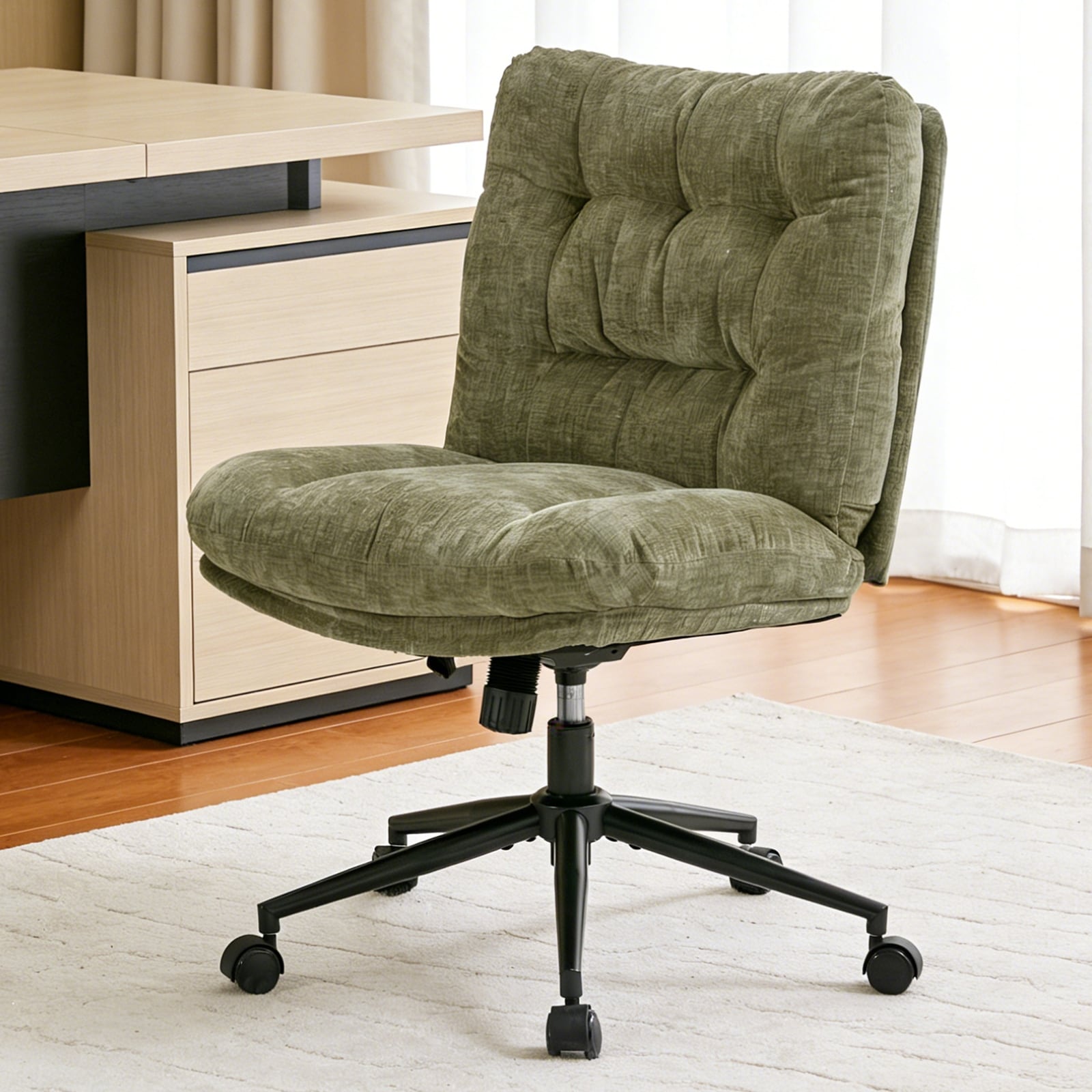 Chenille Swivel Armless Office Chairs with Wheels, Cross-Legged Vanity Chair
