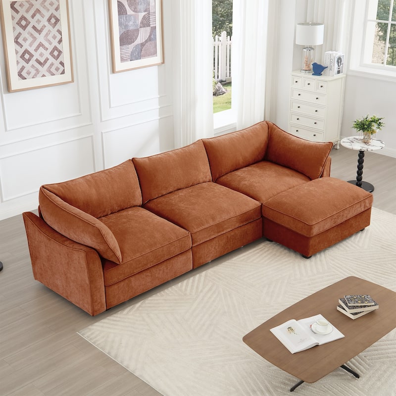 112" Modern L-Shaped Modular Sectional Sofa for Living Room, Oversized Chenille Couch w/ Hidden Storage and Movable Ottoman - Orange