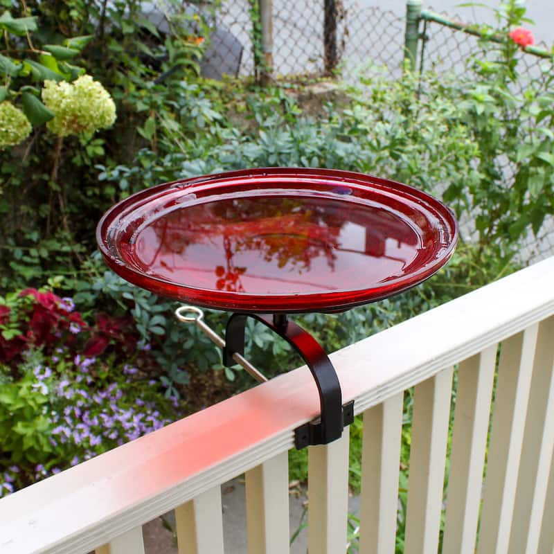 Achla Designs 14"Dia. Round Crackle Glass Birdbath w/Black Wrought Iron Over Rail Bracket